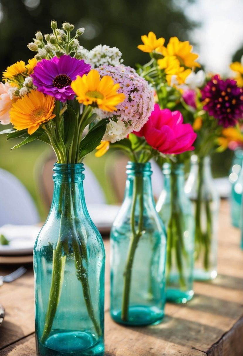 Colorful blooms fill vintage glass bottles on a rustic wedding table