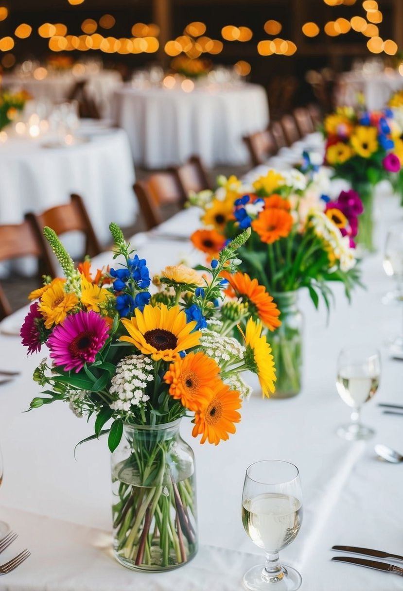 Colorful wildflower bouquets arranged on wedding reception tables