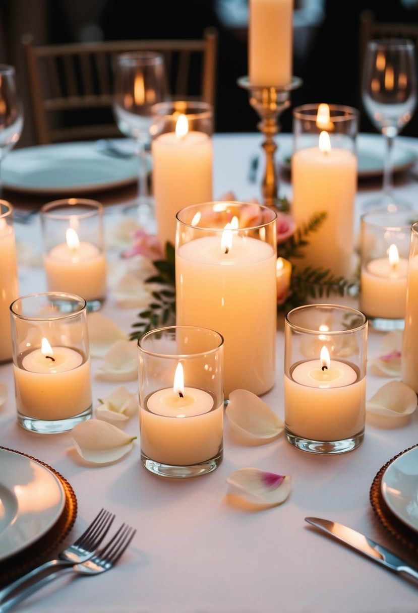 Floating candles surrounded by delicate petals create an elegant wedding table centerpiece