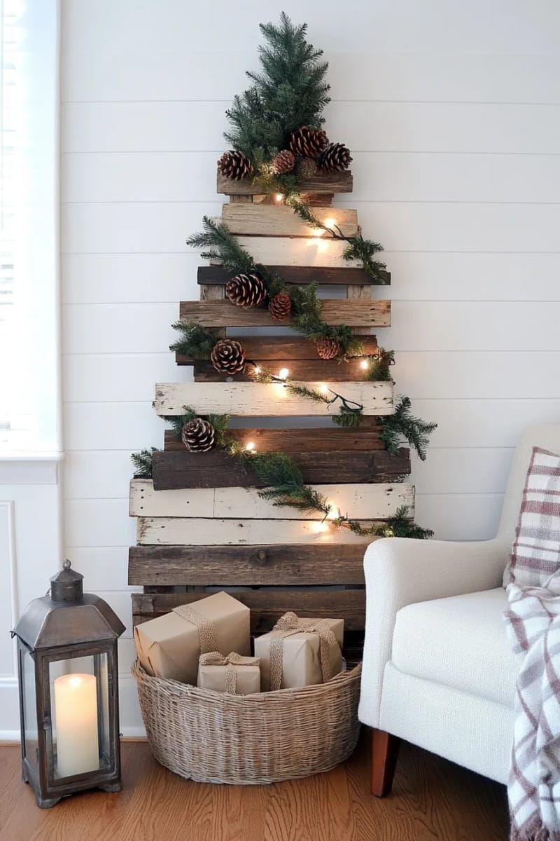asymmetrical pallet tree with fairy lights and rustic burlap garland accents 1