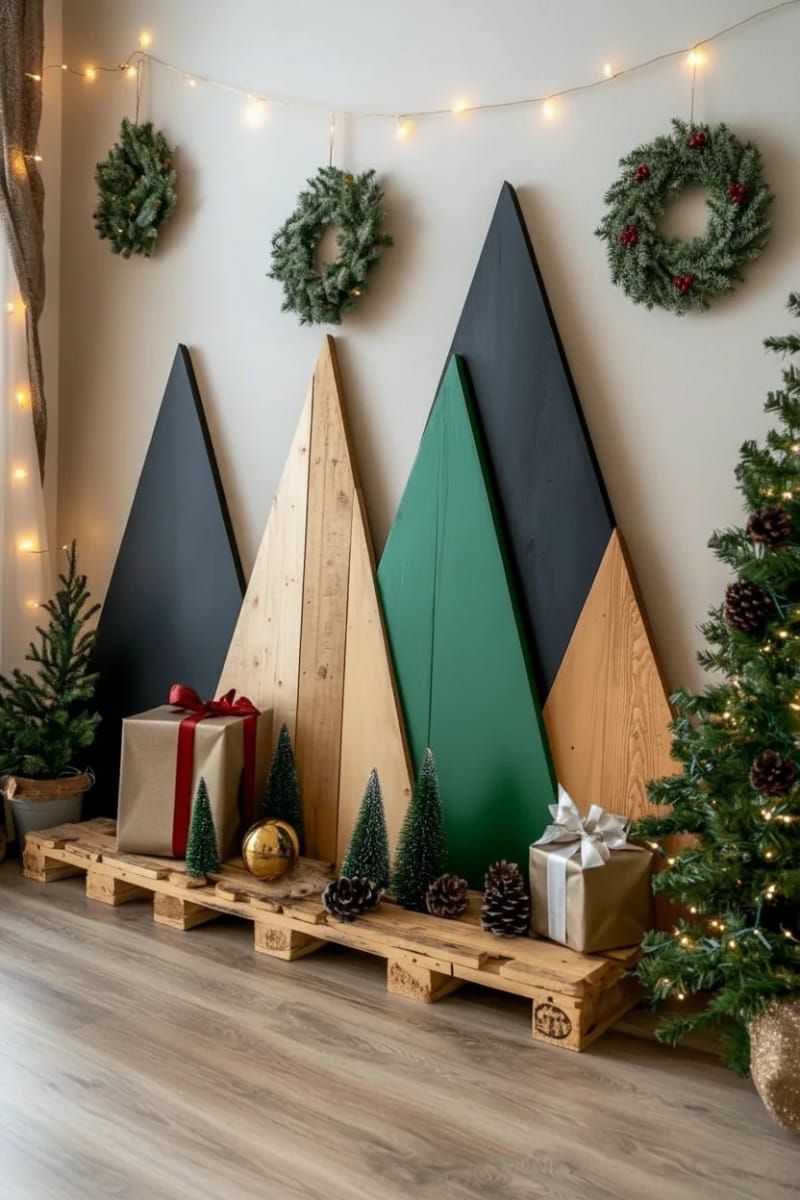 modern geometric triangle pallet trees in contrasting paint colors 1