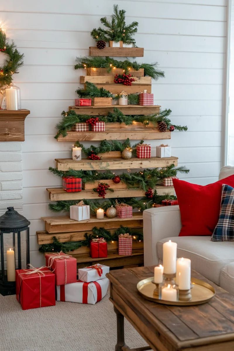 rustic pallet shelf tree filled with mini presents and winter greenery 1