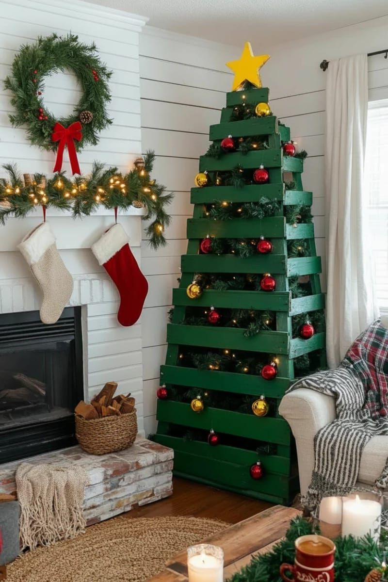 classic green pallet christmas tree with yellow star and red bauble ornaments 1
