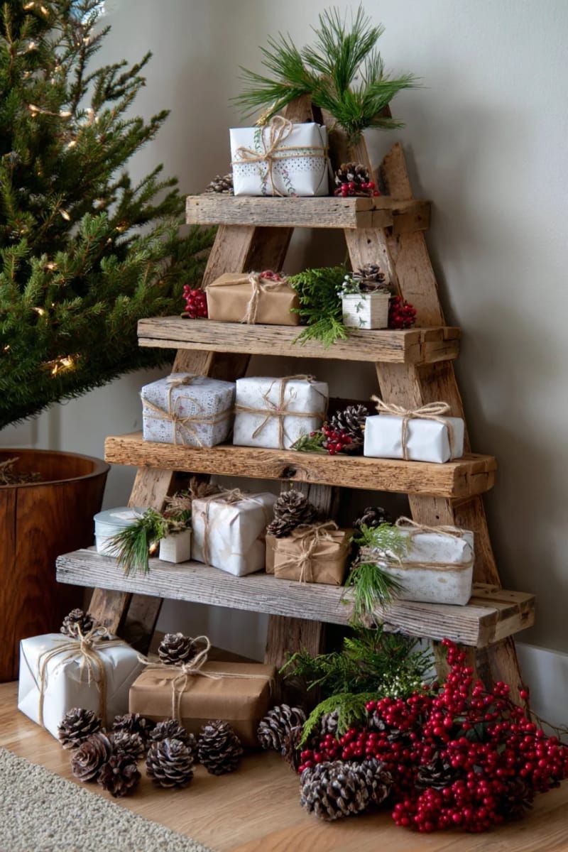 rustic pallet shelf tree filled with mini presents and winter greenery 1