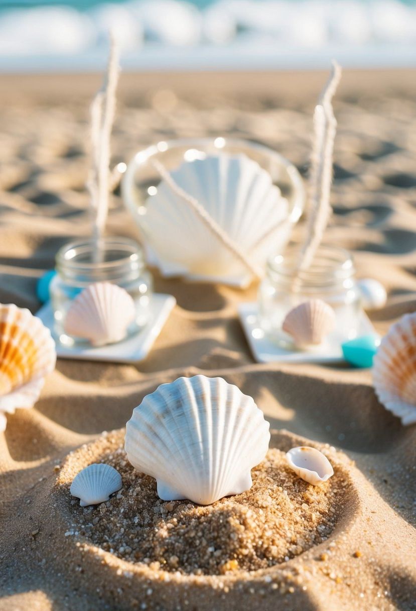 A sandy beach with a seashell and sand centerpiece surrounded by beach wedding decor