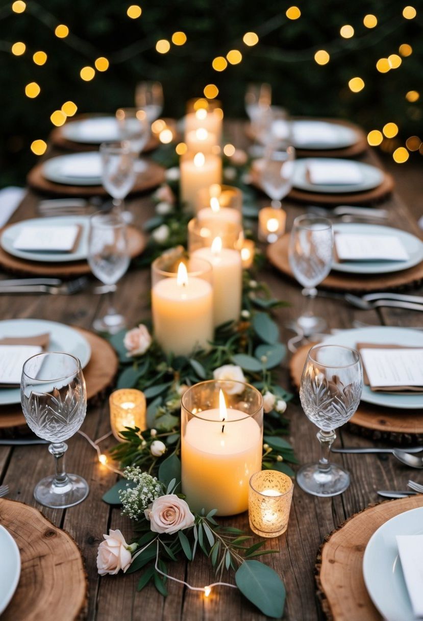 A rustic wooden table adorned with handmade candle centerpieces, surrounded by delicate floral arrangements and twinkling fairy lights
