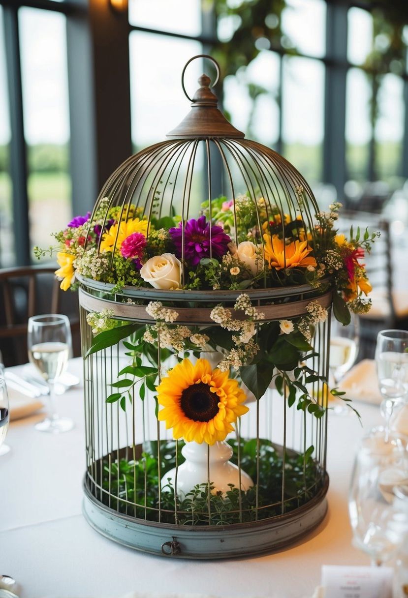 A birdcage filled with colorful flowers and greenery, serving as a centerpiece on a wedding table