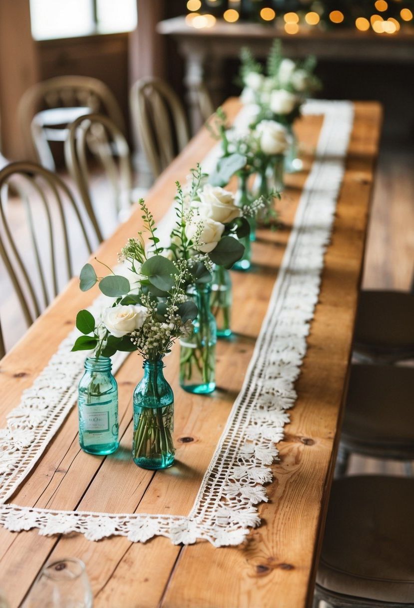 A rustic wooden table adorned with vintage-inspired DIY table runners, set for a wedding celebration