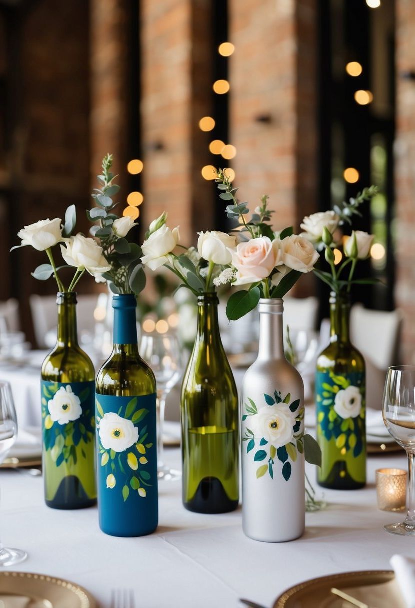 A collection of painted wine bottle vases arranged as table decorations for a wedding, with flowers inside each bottle