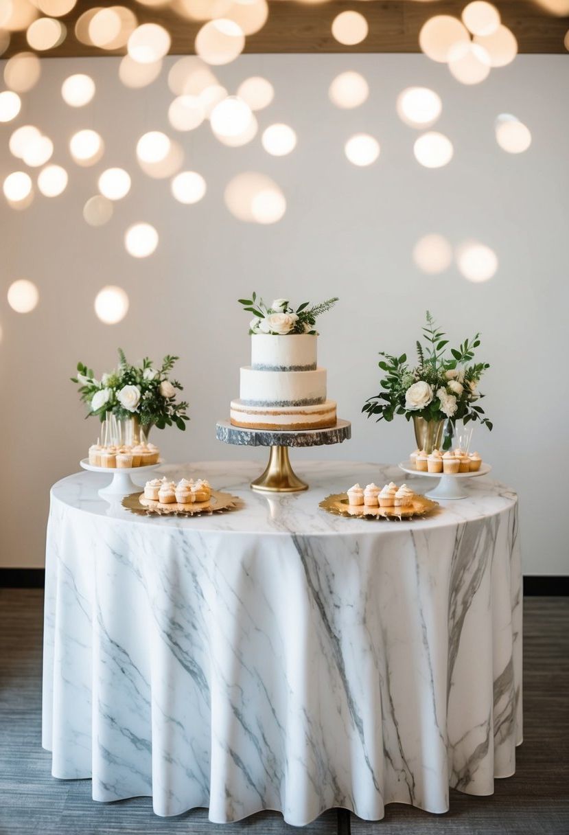 A dessert table adorned with a marble slab display, featuring elegant DIY wedding table decorations