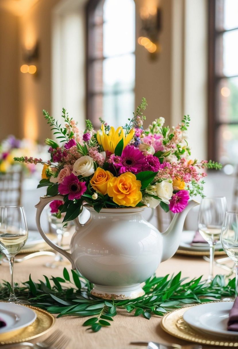 An elegant teapot filled with vibrant floral arrangements serves as a stunning centerpiece for a DIY wedding table decoration