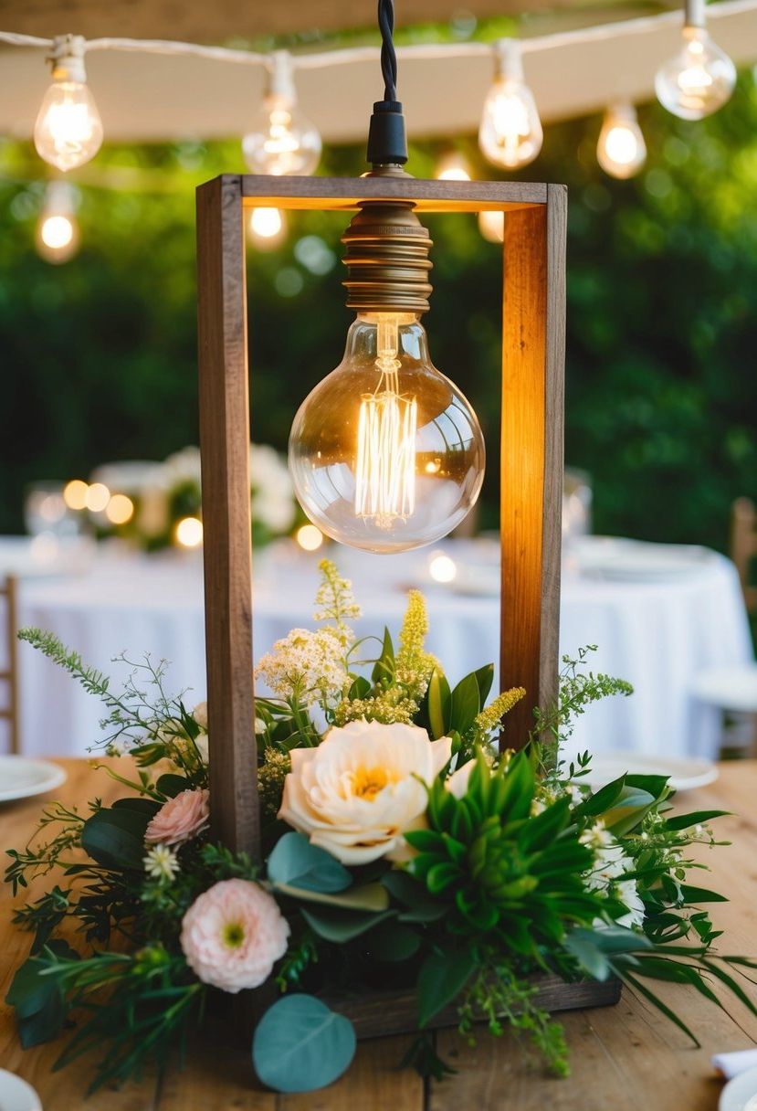 An Edison lightbulb hangs from a rustic wooden frame, surrounded by greenery and delicate flowers, serving as a unique centerpiece for a wedding table
