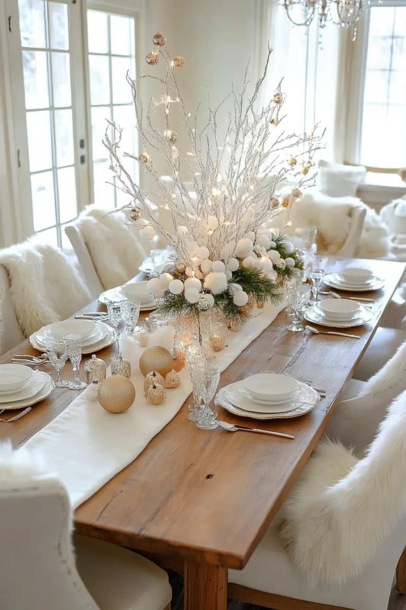 white painted branches centerpiece with hanging glass ornaments and fairy lights 1