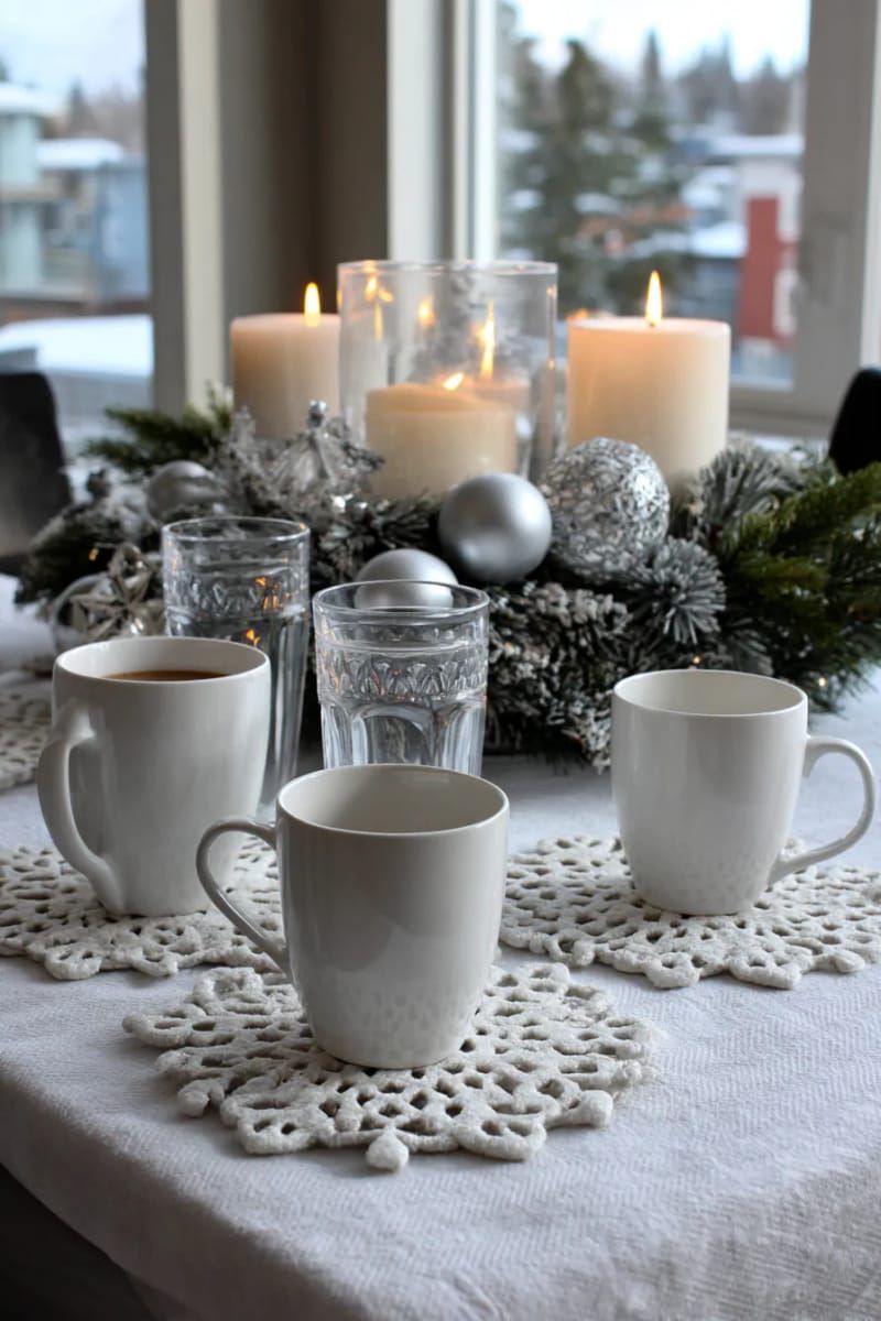 white felt snowflake coasters for a festive table setting 1