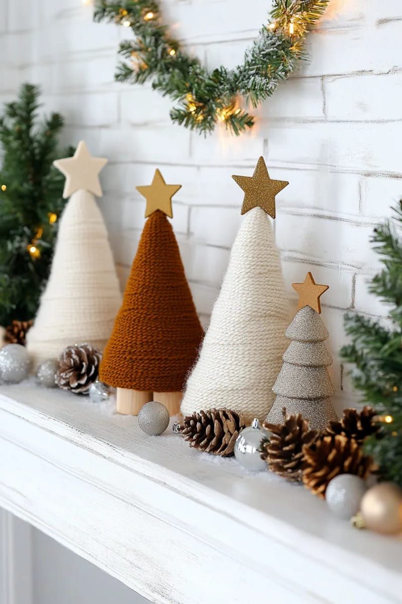 cone-shaped yarn christmas trees with golden star toppers and mini pinecones 1