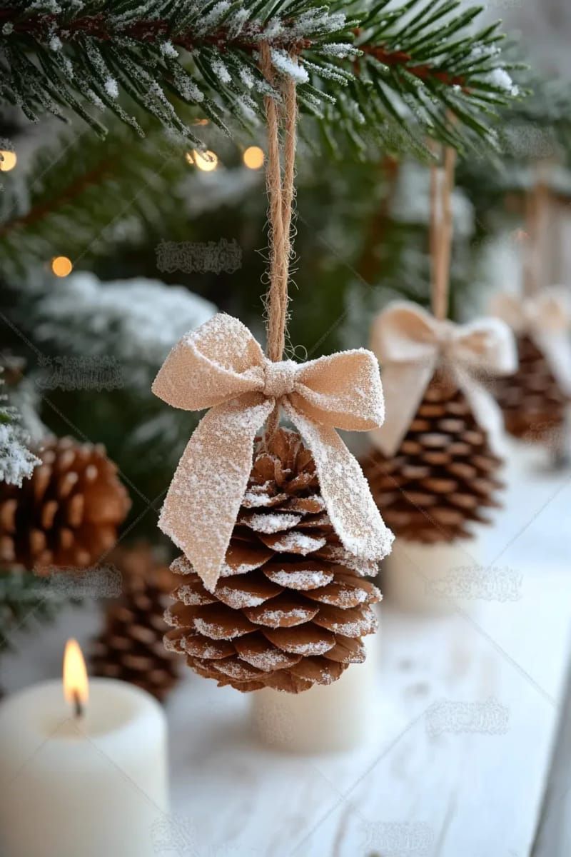 frosted pinecone ornaments dusted with white glitter and twine 1