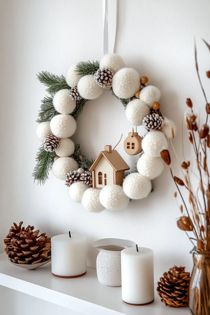 minimalist white wreath with pom-poms and tiny wooden houses 1
