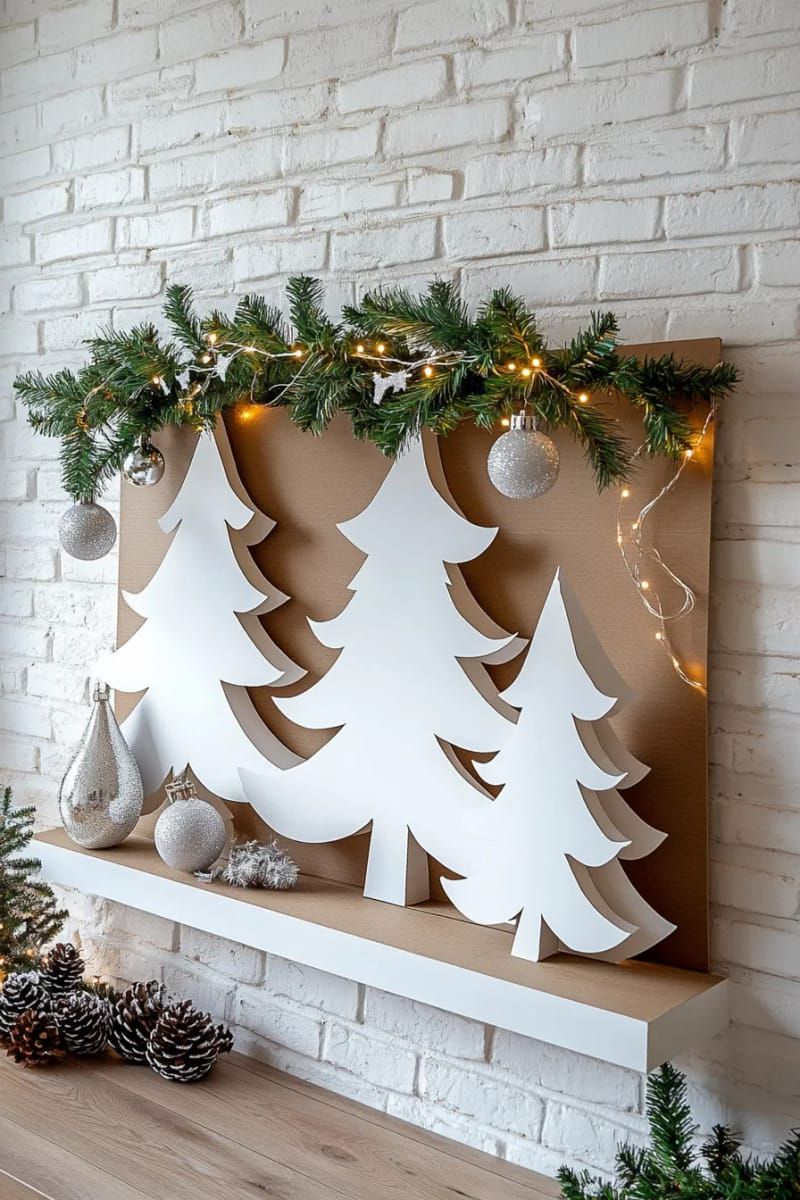 cardboard christmas tree cutouts painted white and layered for 3d effect 1