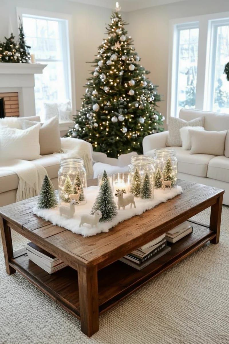 mason jar snow scenes with faux snow, trees, and tiny deer 1