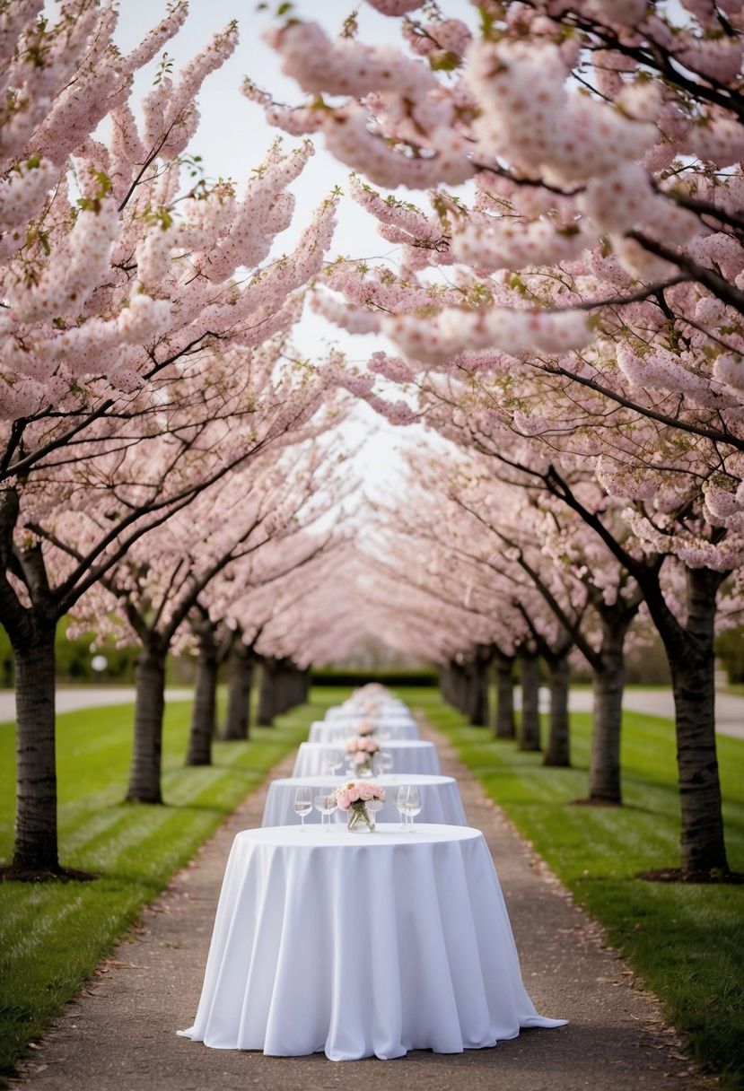 Cherry blossom trees line a path leading to a wedding table, their delicate pink flowers creating a magical and enchanting atmosphere