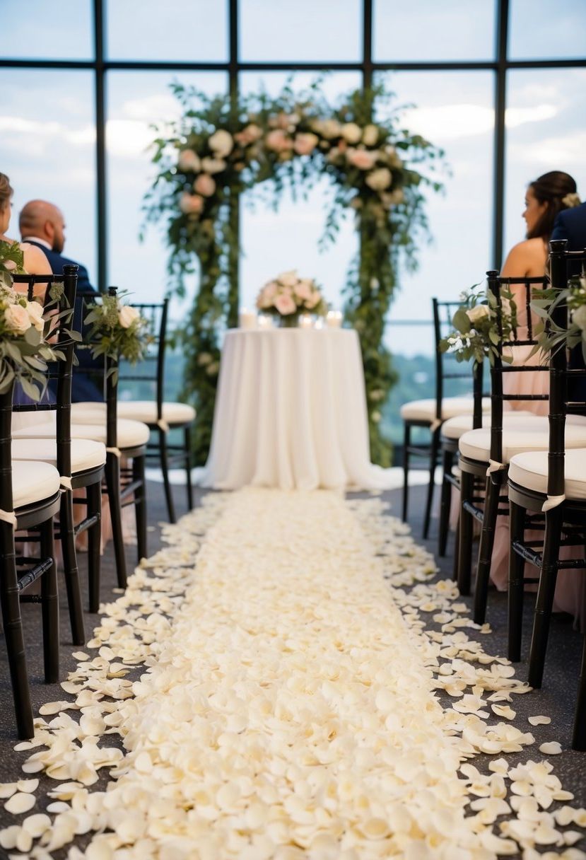 A flower petal aisle leads to a wedding table with a centerpiece of cascading blooms and foliage