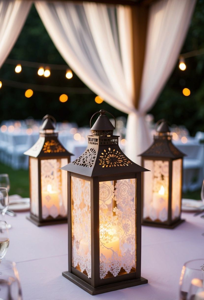 Lace-draped lanterns adorn a wedding table entrance, casting a soft, romantic glow