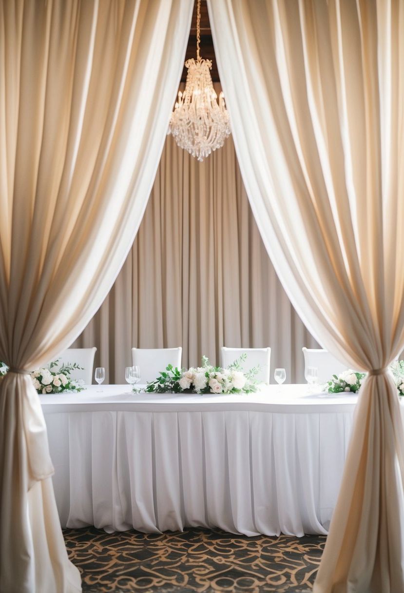 Soft, flowing fabrics drape behind a wedding table, creating an elegant and romantic backdrop for the entrance