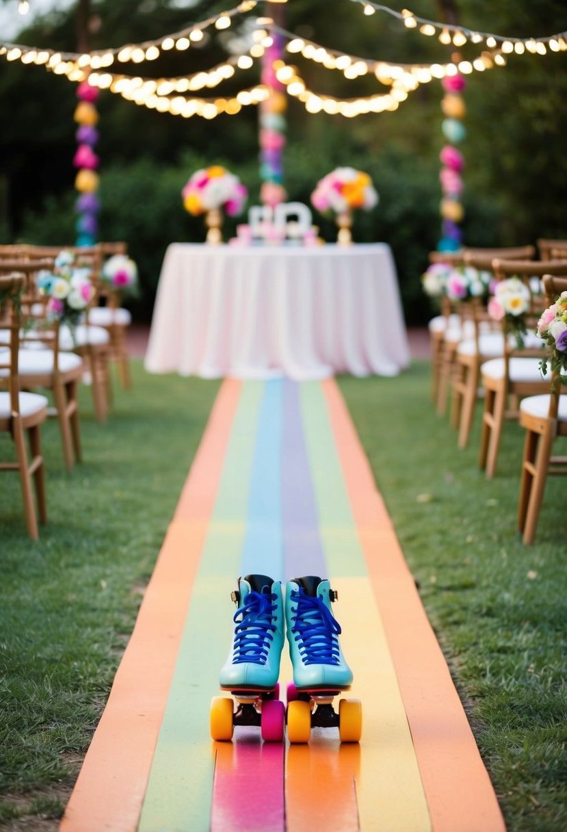 A colorful, retro roller skate path leads to a whimsical wedding table entrance, adorned with flowers and twinkling lights