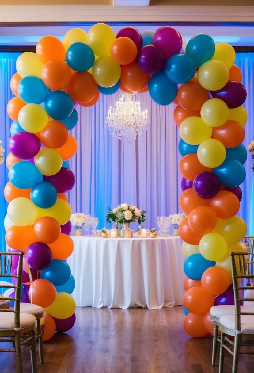 A colorful balloon arch frames the entrance to a wedding reception, creating a whimsical and festive atmosphere