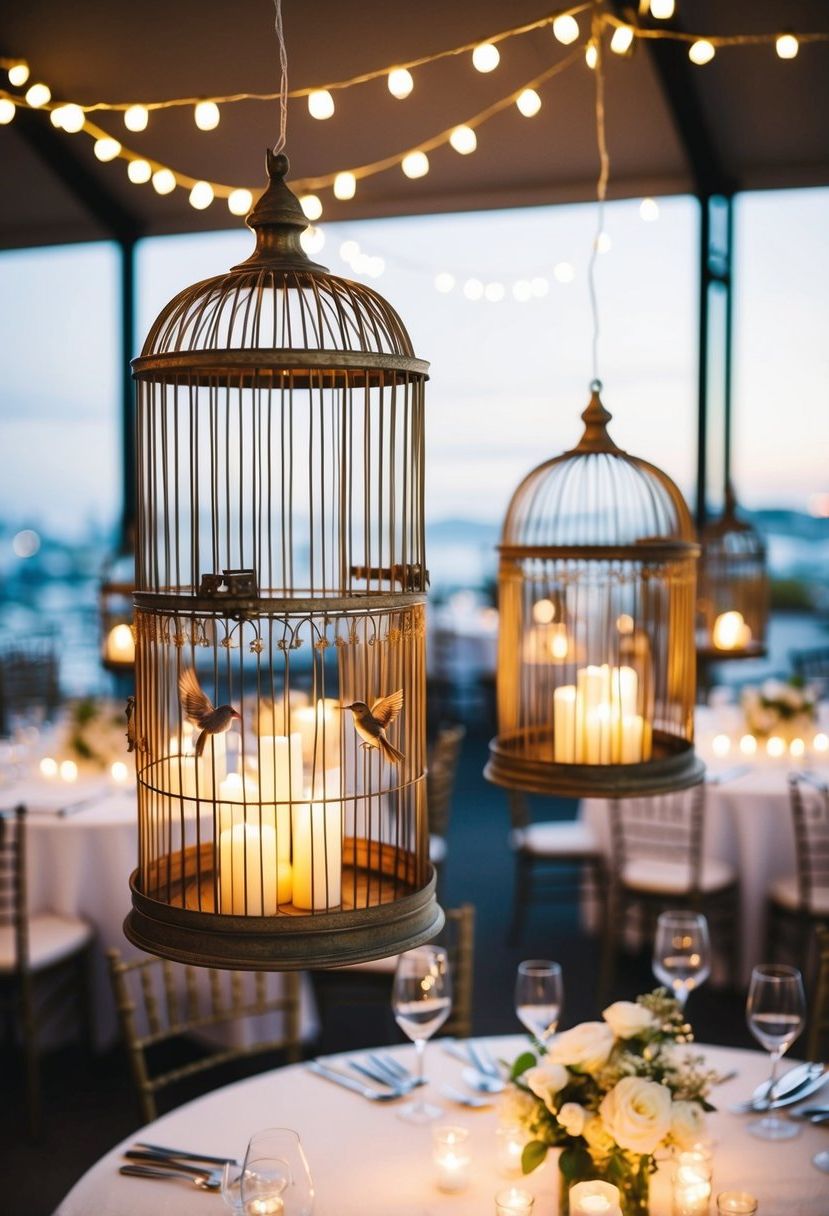 Antique bird cages with fairy lights hang above a wedding table, creating a magical and enchanting ambiance