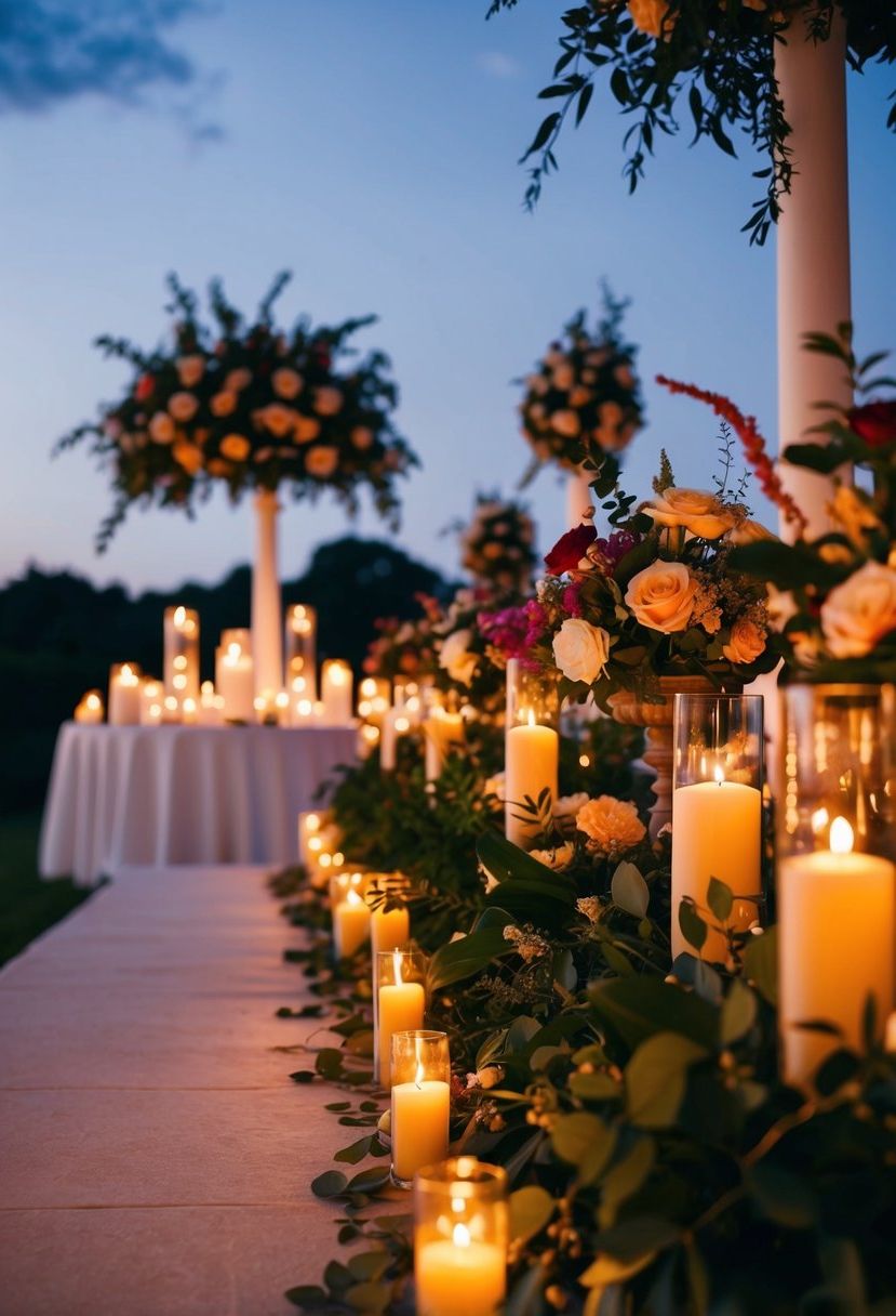 A candlelit pathway leads to a wedding table adorned with floral arrangements and glowing candles