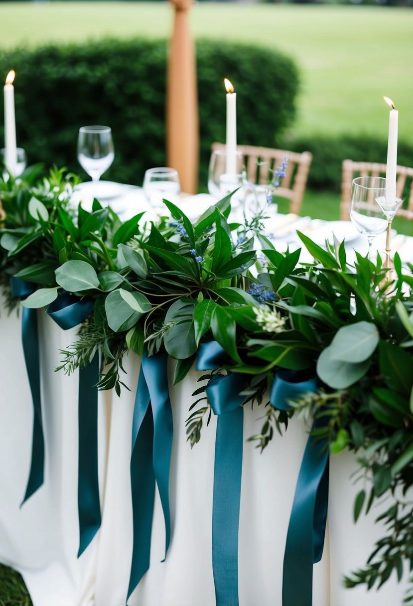 Lush green foliage intertwined with dusty blue ribbons adorning a wedding table