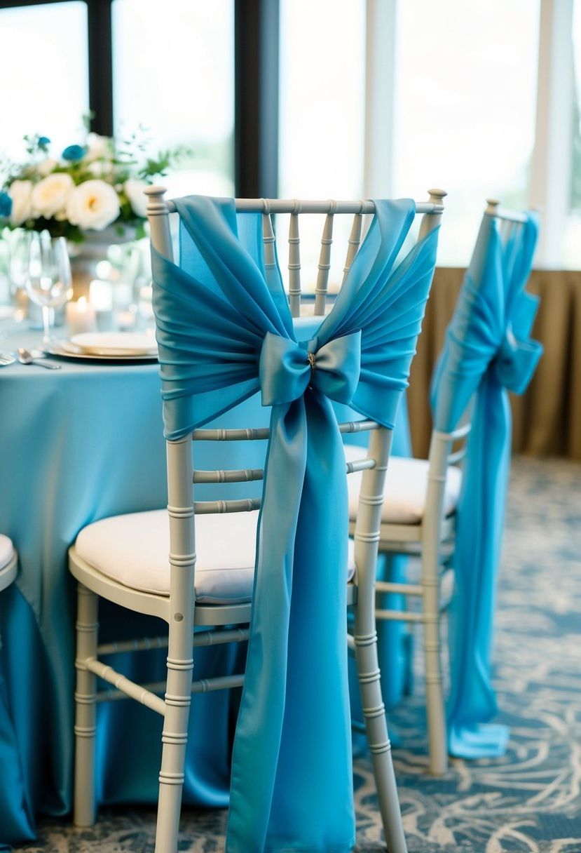 A dusty blue chair sash drapes elegantly over a chair while matching dusty blue decorations adorn the wedding table
