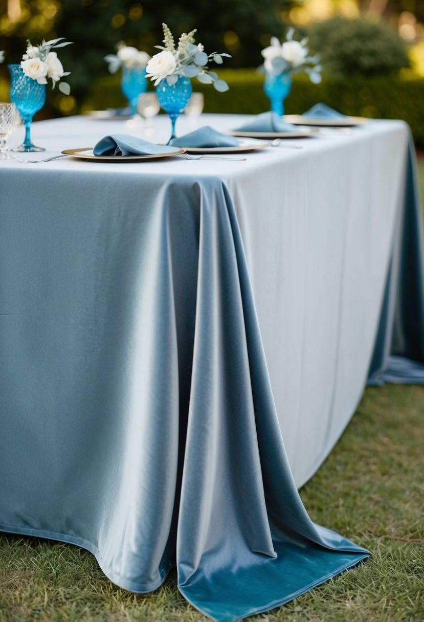 A soft dusty blue velvet tablecloth lays draped over a table, adorned with matching dusty blue wedding decorations