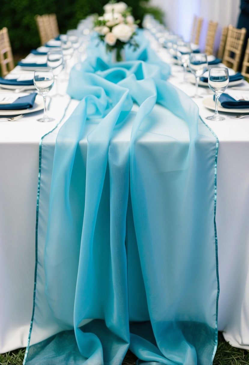 Dusty blue organza table runners cascade down a wedding reception table, adding a soft and elegant touch to the decor