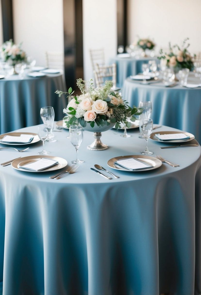 Dusty blue tablecloths draped over tables with delicate floral centerpieces and silver candle holders