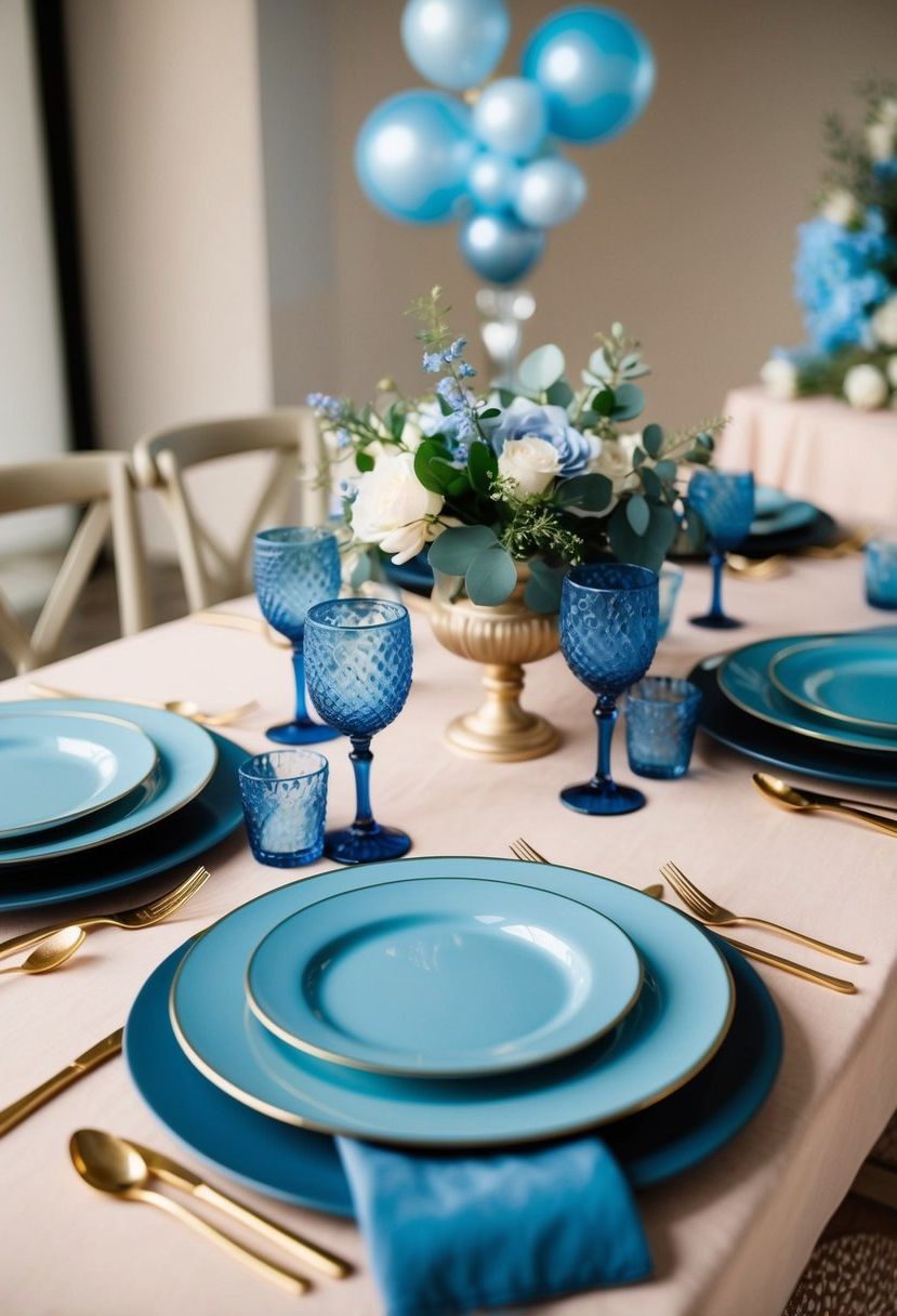 A table set with dusty blue dinnerware, adorned with matching dusty blue wedding decorations