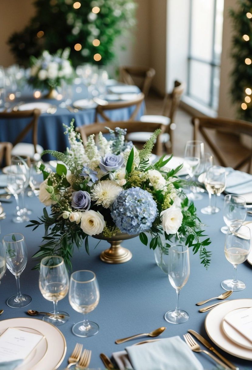 A round table adorned with floral centerpieces in shades of dusty blue and white, accented with greenery and delicate blooms
