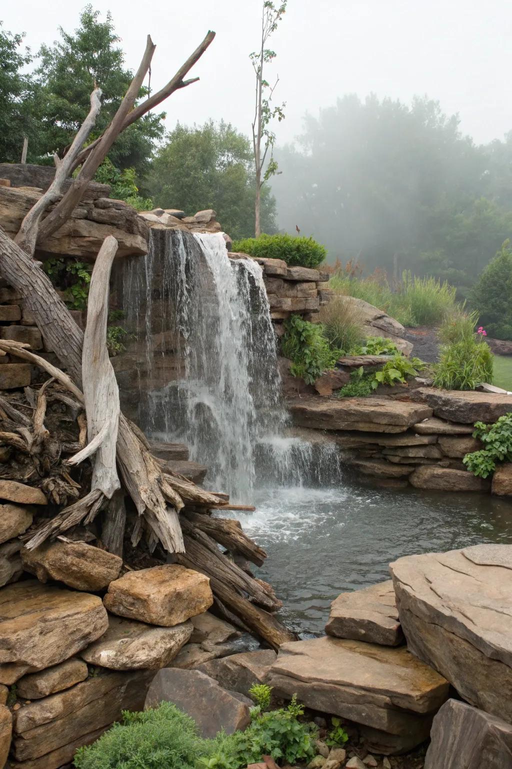 18. Driftwood Decor by the Waterfall
