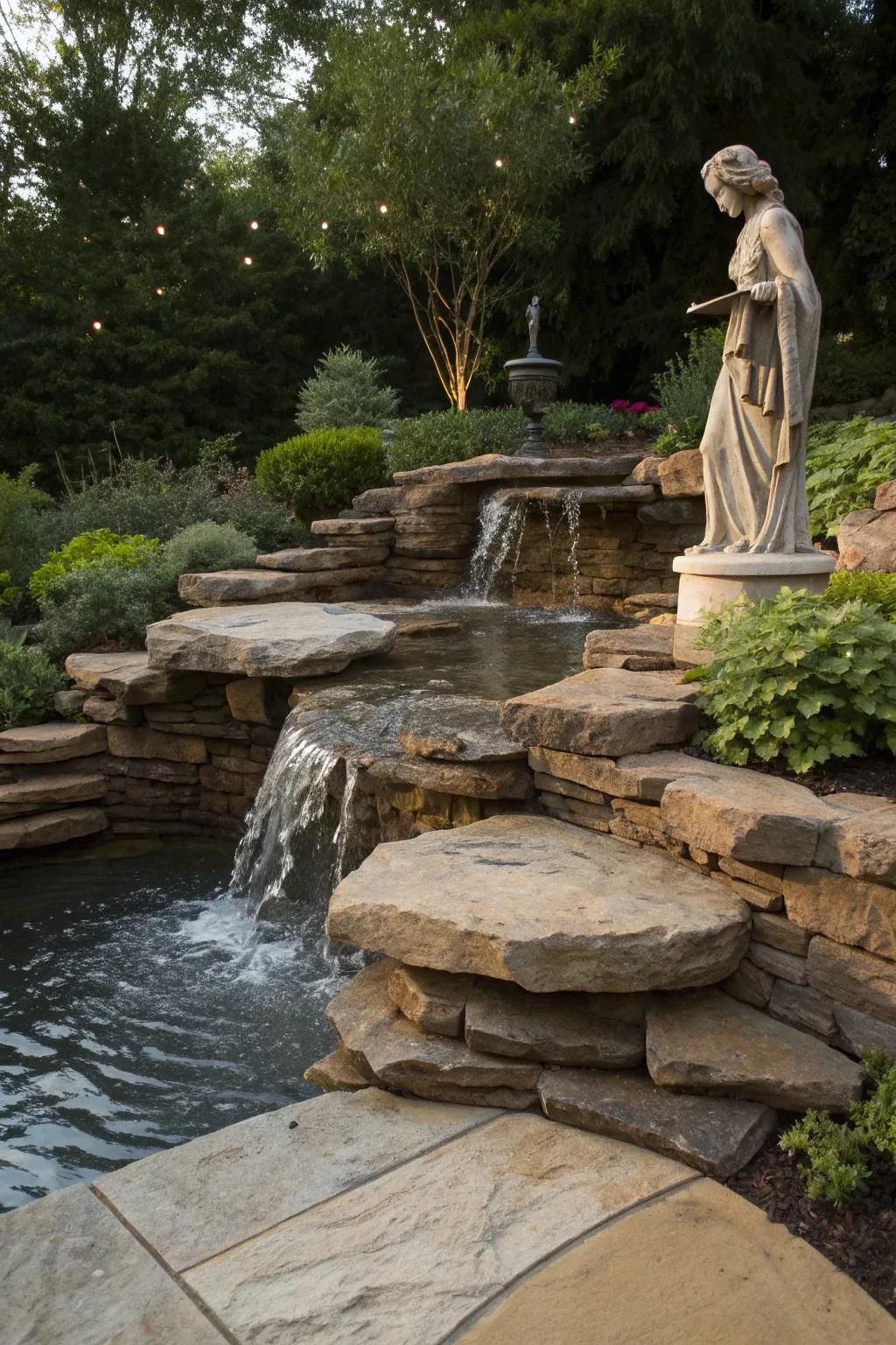 6. Garden Statues by the Waterfall
